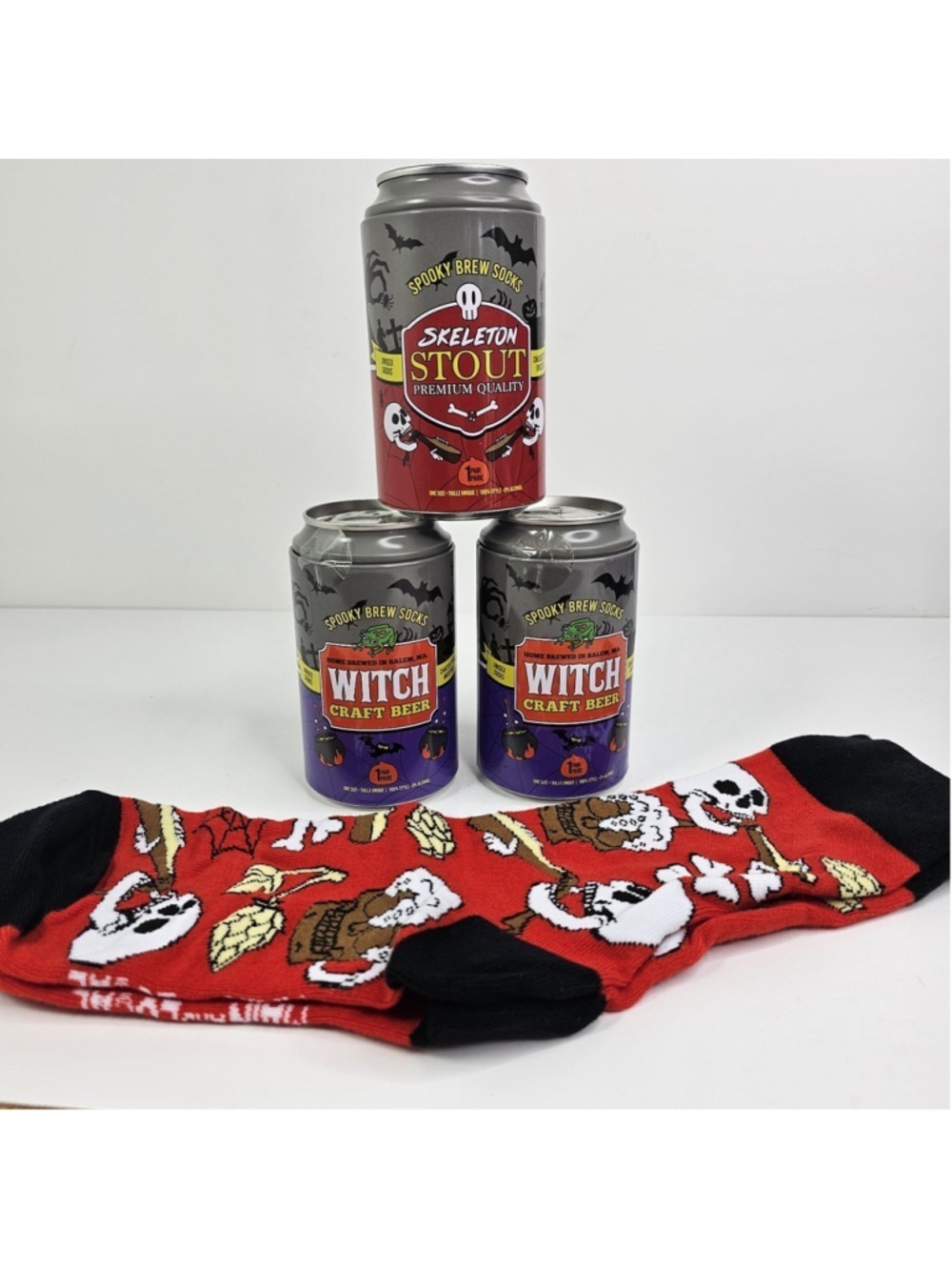 Spooky Brew Socks 3 Pair Lot Halloween Beer Can Novelty Socks Skeleton Stout...